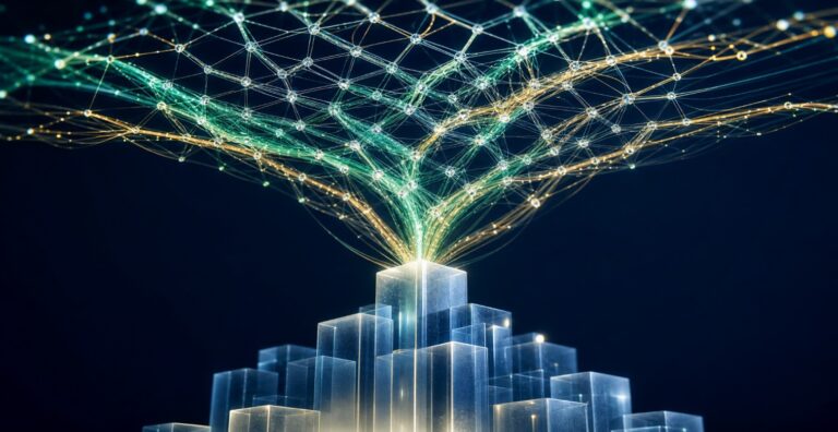 Visual metaphor for designing the data fabric: a glowing lattice of connected data streams forming an enterprise AI integrity backbone