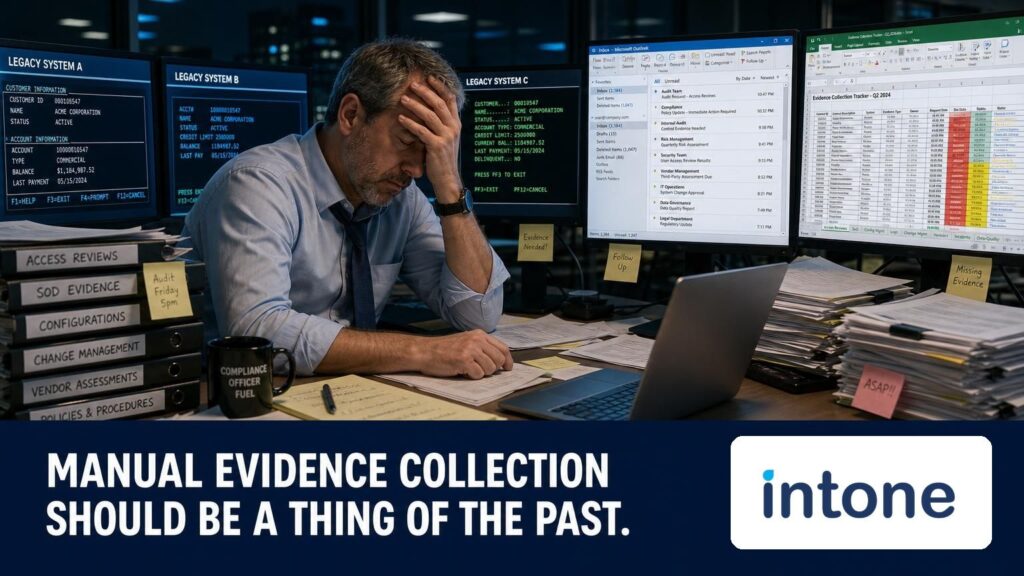 “Manual evidence collection should be a thing of the past” over a person at a desk of legacy terminals and audit binders