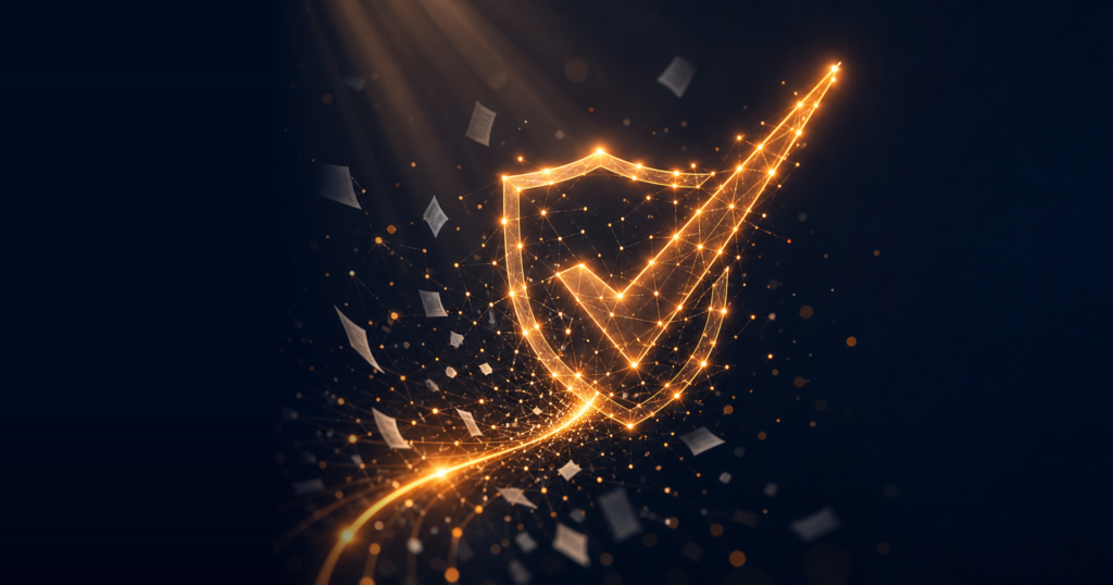 Automated evidence collection concept — digital shield and checkmark securing audit documents for SOX compliance.