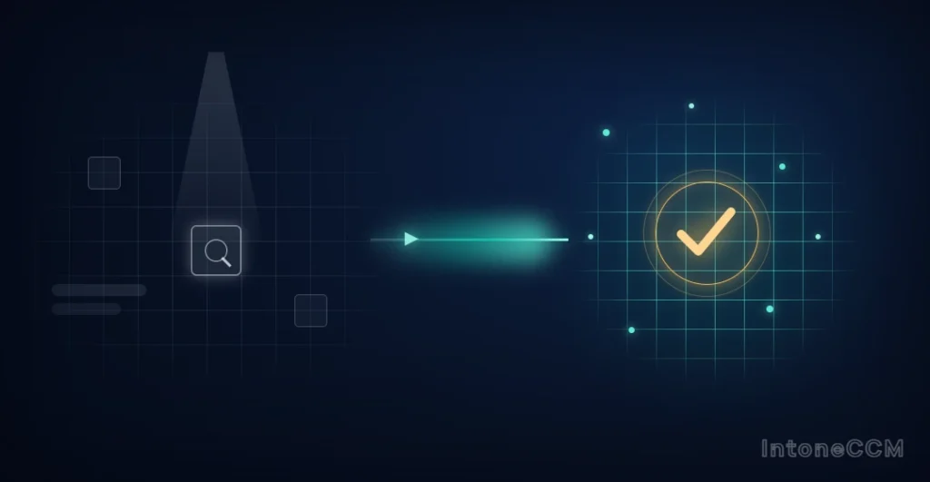 Split composition on dark navy: a dim grid with one magnified sample tile versus a fully illuminated teal monitoring grid with a gold verified ring — traditional point-in-time audits versus continuous controls monitoring.