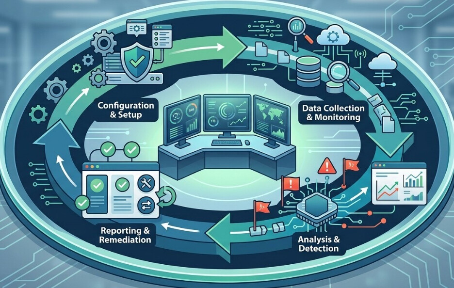 CCM loop: configuration and setup, data collection and monitoring, analysis and detection, reporting and remediation