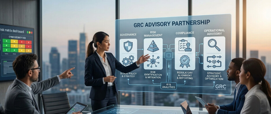 Team at a screen showing a GRC advisory framework: governance, risk management, compliance, operational advisory