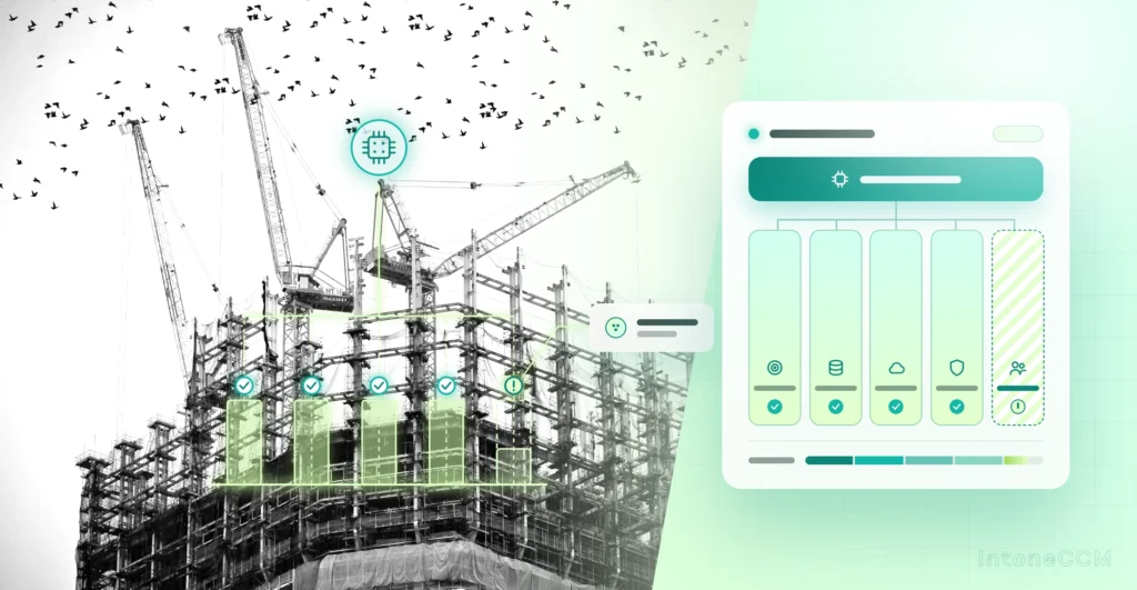 cranes lifting an AI chip onto a tower under construction; the tower stands on five pillars — four checked, the People pillar half-built and flagged. The card repeats the same structure (AI on top → strategy / data / cloud / governance / people), so the metaphor and the framework read together in one glance.