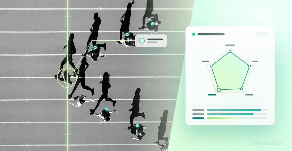 "Set — before go" — sprinter in the blocks (readiness precedes the race), IntoneCCM teal duotone on a light ground; inspection ring on the hand at the line, and a five-dimension readiness radar card with workforce readiness flagged as the gap. Shoe/shirt logos washed out.